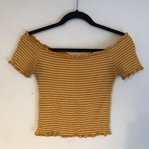 Off shoulder crop striped tee | yellow and white M